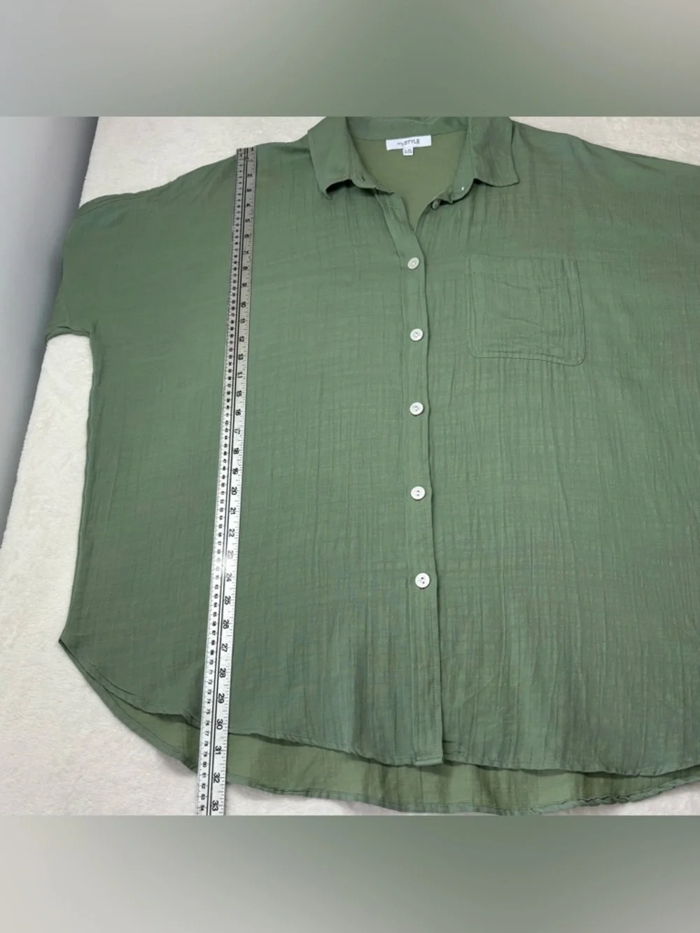 mySTYLE Green Oversized Button Up Shirt Textured Gauze Tab Sleeve Top L XL - Picture 6 of 10